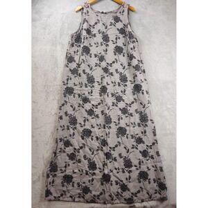 Vintage Uniform John Paul Richard Gray Black Roses Floral 100% Linen Maxi Dress